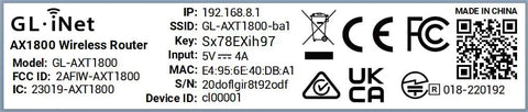 Label of Pocket WiFi 6 Travel Router With VPN 1800 Mbps Dual Band Speed MU-MIMO And OFDMA showing model and serial information