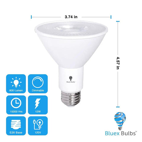 Two Pack PAR30 Outdoor LED Flood Light Bulbs, 12W, 100W Equivalent, 900 Lumens, Dimmable, Waterproof, E26 Base, 3000K Warm White, side view with dimensions
