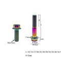 Front and side views of rainbow titanium flanged hex bolt, M6x1.0x16mm, Ti 6AL4V, pack of 5