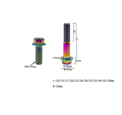 Front and side views of rainbow titanium flanged hex bolt, M6x1.0x16mm, Ti 6AL4V, pack of 5