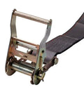 Close-up view of 2 Inch By 16 Foot Ratchet E Track Straps with Spring E Fittings in grey color, built tough and heavy duty.