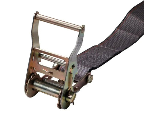 Close-up view of 2 Inch By 16 Foot Ratchet E Track Straps with Spring E Fittings in grey color, built tough and heavy duty.