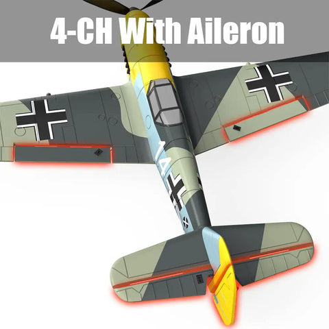 BF109 RC Airplane Ready To Fly With XPILOT Stabilization System, 2.4GHz 4CH Remote Control, top view with ailerons