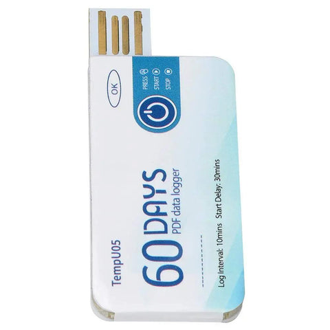 Disposable Single Use Temperature Data Logger With Usb Cable Offers Dead Reliable Cold Chain Tracking And Smooth Pdf Downloads For Food Drug Chemical Shipping Without Any Mess Or Hassle, USB data tracker, compact design, blue and white.