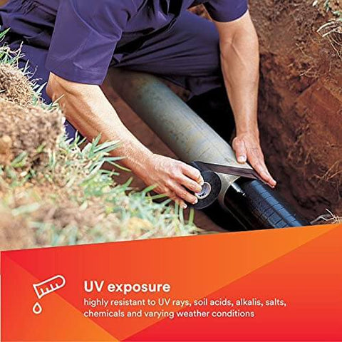 Applying All-Weather Vinyl Corrosion Protection Tape 50, 2 in x 100 ft, Black PVC, 10 mil thick around an industrial pipe.