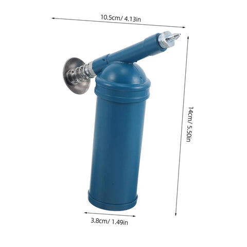 Blue Mini Grease Gun 80cc with locking nozzle, spring action coupler, dimensions marked, compact manual lubrication tool.