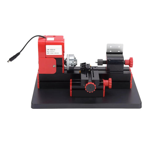 High Speed 20000Rpm Mini Motorized Lathe Machine For Woodworking And Metal Turning on a black base with red knobs.