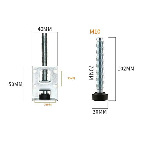 Dimensions of adjustable furniture feet kit for home use, showing heavy duty table leg leveler with elevation brackets in 8-pack