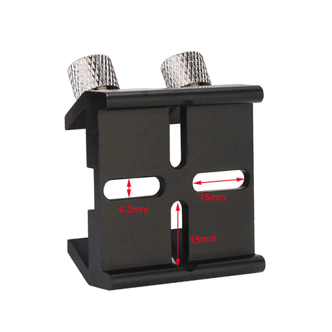 Close-up of Universal Dovetail Base Finder Scope Mount Bracket with measurements, compatible with Celestron Orion Skywatcher Vixen.