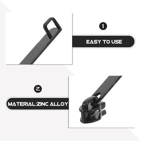 Close-up of black zinc alloy smooth sliding tab from Universal Zipper Pull Replacement Kit All In One Six Piece Heavy Duty Zipper Pulls For Suitcase Luggage Backpack And Jacket With Smooth Sliding Tabs Repair Tools For Travel.