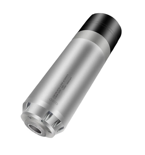 Badass Round Water Cooled Spindle Motor With Killer Cooling And Hella Durable Metal Body No Sweat Overheating For Rip Thru Wood Or Metal On Your Cnc Router Or Milling Machine At 7 Point 5 Kw 220 Volt Operation, metal body, angled view.
