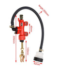 Rear Brake Master Cylinder Reservoir For Coleman KT196 CK100 And Yerf Dog GX150 Go Kart, red, aluminum, with measurements.