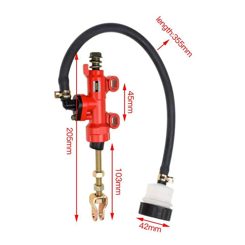 Rear Brake Master Cylinder Reservoir For Coleman KT196 CK100 And Yerf Dog GX150 Go Kart, red, aluminum, with measurements.