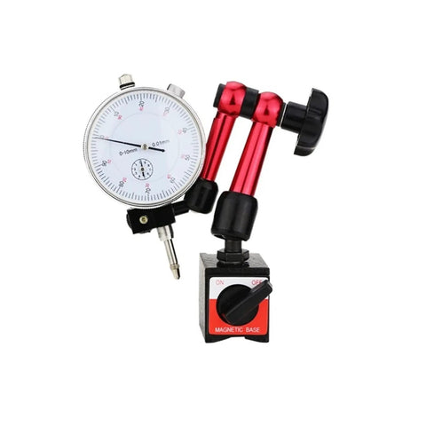 Magnetic Dial Indicator With Stand Base For Precision Machining 0.01mm Reading 10mm Range And Concentricity Check Stainless Steel Probe Durable Gauge Tool For Workshop QC And Accurate Measurements, magnetic base on white background