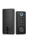 Badass Fingerprint Smart Door Lock Retrofit showing sleek design with keypad, Wi-Fi connectivity, and biometric sensor.