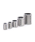 Beefy Pro Grade CNC Router Linear Motion Sealed Bushing Ball Bearing 12x19x28mm For Smooth Glide And Tight Tolerances, Bearing Steel Shell With Nylon Holder, Low Friction, Durable High Performance Component, shown in five sizes