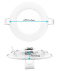 Lit Ultra Thin 4 Inch LED Recessed Light Kit With J Box 12W 5 Color Temperature showing size measurements from top and side.