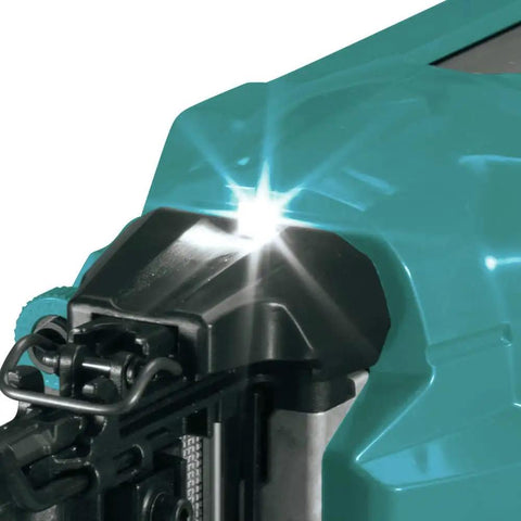 Close-up of teal Cordless 18V LXT 16 Gauge Straight Finish Nailer with spark on top, no battery included, ideal for precise trims.