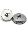 BrenixCraft vacuum bagging connector, 6061 aluminum twist-lock port, 1/4” NPT; two circular metal discs (front view).