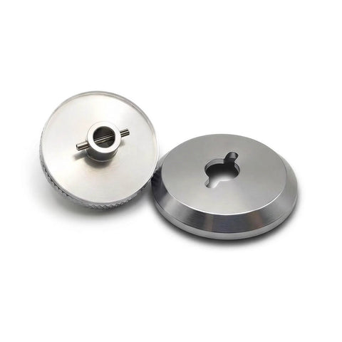 BrenixCraft vacuum bagging connector, 6061 aluminum twist-lock port, 1/4” NPT; two circular metal discs (front view).