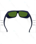 Pro Grade Laser Safety Glasses With Hella Protective OD Six Plus Coverage From 190NM To 1700NM Wavelengths front view showing dimensions.