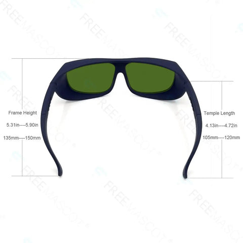 Pro Grade Laser Safety Glasses With Hella Protective OD Six Plus Coverage From 190NM To 1700NM Wavelengths front view showing dimensions.