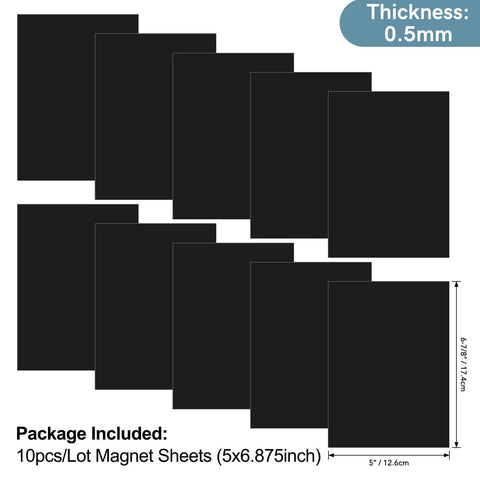Flexible Black Rubber Magnetic Sheets Set, 10 Sheets, 0.5mm Thick, Single Sided Magnets, Each 6.9x5 Inches, product display.
