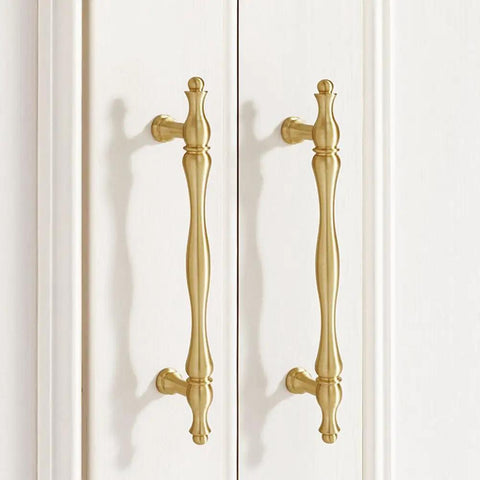 Dope Brass Drawer Handles Set For Kitchen Cabinets And Furniture, Gold Finish, French Inspired Modern Pulls on white cabinet doors