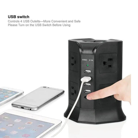 Ditch The Clutter With This Badass Smart Tower Surge Protector Offering Eight US Outlets And A Six Point Five Foot Extension Cord For Straight Up Fast Charging And Certified Overload Protection Daily with visible USB ports and devices.