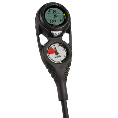 Puck Lite Mission 3 Dive Computer Console With Bluetooth And Pressure Gauge displaying dive metrics, Buhlmann ZH L16C Algorithm.