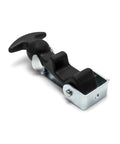 Rubber hood latch with metal mounting bracket and T-handle for tool boxes and vehicle hoods.