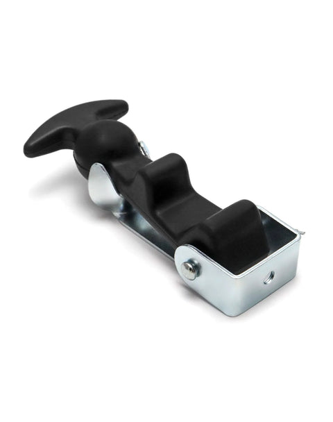 Rubber hood latch with metal mounting bracket and T-handle for tool boxes and vehicle hoods.