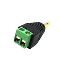 Five Pack Of 3.5Mm Ts Male Audio Terminal Block Connectors With Solderless Screw Terminals For Rapid Custom Wire Jobs, close-up view of green terminal block.