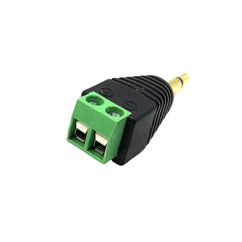 Five Pack Of 3.5Mm Ts Male Audio Terminal Block Connectors With Solderless Screw Terminals For Rapid Custom Wire Jobs, close-up view of green terminal block.