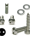 Heavy Duty Stainless Steel License Plate Screws Damn Secure Fit For Trucks And Cars Deters Vandals With Snake Eye Design Includes Complete Spanner Pan Head Sheet Metal Screws Kit components, including screws and washers.