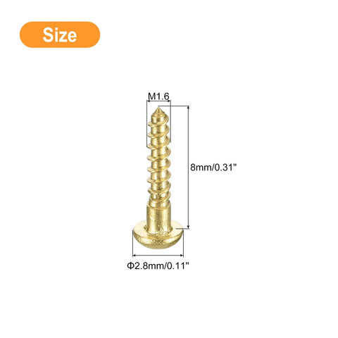 Beefy Brass Wood Screws M1.6 x 8mm Slotted Round Head Self Tapping For Woodworking 40 Piece Pack displayed with size dimensions