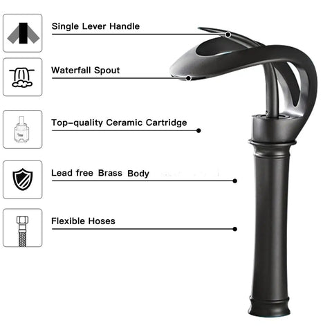 Matte Black Vessel Faucet With Ultra Wide Waterfall Spout High Flow Single Handle One Hole Deck Mount Lavatory Brass Faucet