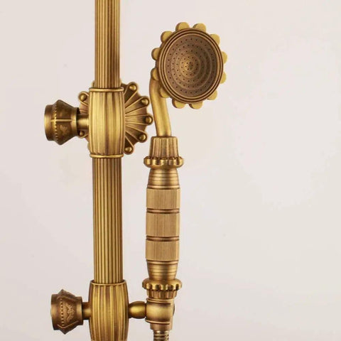 Heavy Duty Solid Brass Shower System Featuring Eight Inch Rainfall Head And Detachable Handheld Sprayer Lead Free Wall Mounted Bath Faucet Rock Solid Build close up of handheld sprayer.