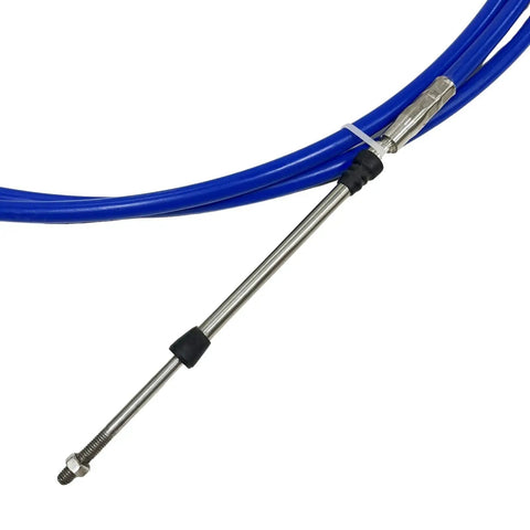 Universal 23 Ft Outboard Shift And Throttle Cable Set For 3300 33C Control Boxes Blue Two Piece Cables For Yamaha Suzuki Honda Nissan Chrysler Outboards Not Mercury Fits Boat Steering System close-up of blue cable with metal connector
