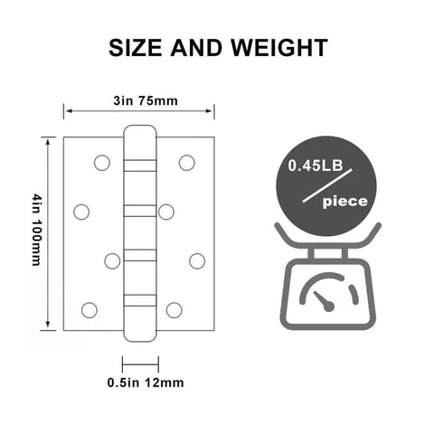 Dimensions of 6 Pack Stainless Steel Door Hinges For Exterior And Interior Doors 4x3 Inches Heavy Duty Square Corner, weight 0.45LB each