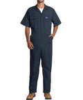 Men's Short Sleeve Coveralls For The Daily Grind, Lightweight Twill Mechanic Jumpsuit With Cargo Pockets, model wearing dark coveralls.