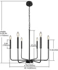 Black Farmhouse Chandelier With 6 Lights, 26.1 Inch Wide Adjustable Height Rustic Hanging Light Fixture dimensions diagram.