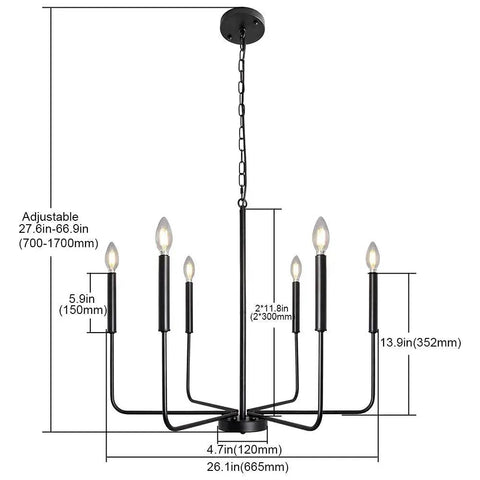 Black Farmhouse Chandelier With 6 Lights, 26.1 Inch Wide Adjustable Height Rustic Hanging Light Fixture dimensions diagram.