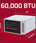 Certified Badass 60K BTU Vertical Natural Gas Garage Heater dimensions shown, featuring a white body and front exhaust vents.