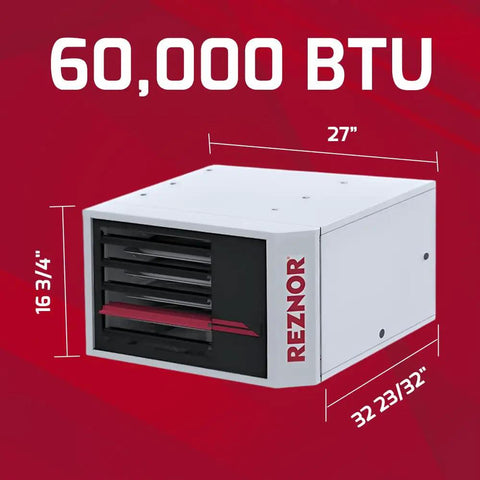 Certified Badass 60K BTU Vertical Natural Gas Garage Heater dimensions shown, featuring a white body and front exhaust vents.