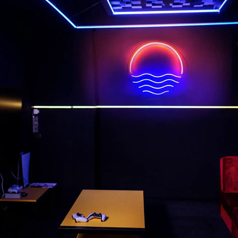 Tropical Sunset Sea LED Neon Sign 12x12 Inches Handmade Wall Decor USB Powered Night Light for bedroom with red glow on wall