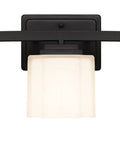 3-light fixture, etched glass shades, dark bronze finish, front view