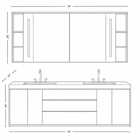 Top Shelf 76 Inch Freestanding Double Sink Bathroom Vanity Featuring Wide Mirror Medicine Cabinet Polished Marble Tops Rustic Wood Carving Details And Serious Storage dimensions and layout view.
