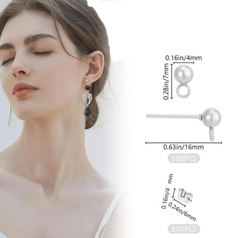Stainless Steel Ball Stud Earring Findings 4mm Ball Set 100Pcs Studs And Nuts Box Durable Non Tarnish Jewelry Making Supplies For DIY Earrings And Projects, 16mm stud