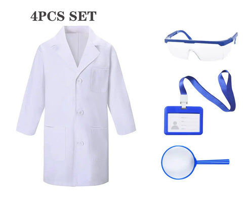 Kids Doctor Scientist Lab Costume Set For Role Play Four Piece Dress Up Kit With Thick White Coat Goggles ID Card Holder And Magnifier